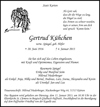 Anzeige von Gertrud Kühchen von Kölner Stadt-Anzeiger / Kölnische Rundschau / Express