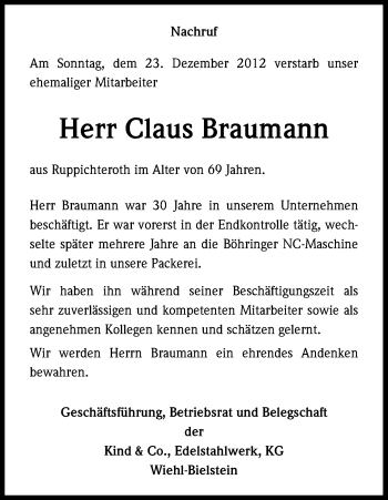 Anzeige von Claus Braumann von Kölner Stadt-Anzeiger / Kölnische Rundschau / Express