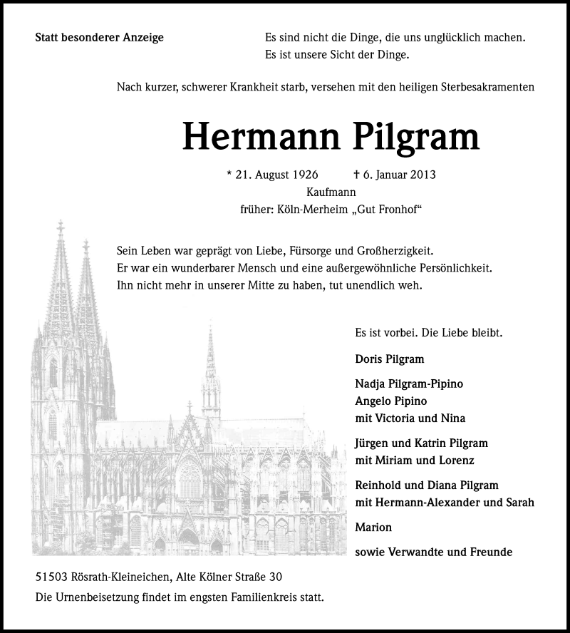  Traueranzeige für Hermann Pilgram vom 12.01.2013 aus Kölner Stadt-Anzeiger / Kölnische Rundschau / Express
