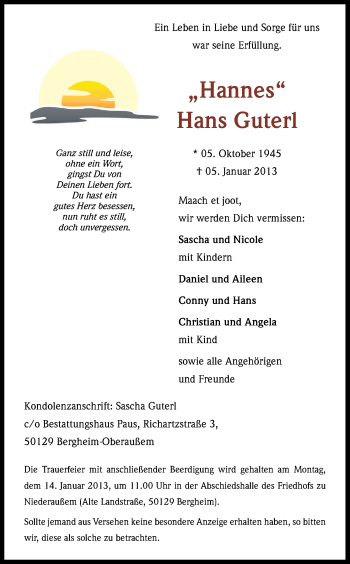 Anzeige von Hans Guterl von Kölner Stadt-Anzeiger / Kölnische Rundschau / Express
