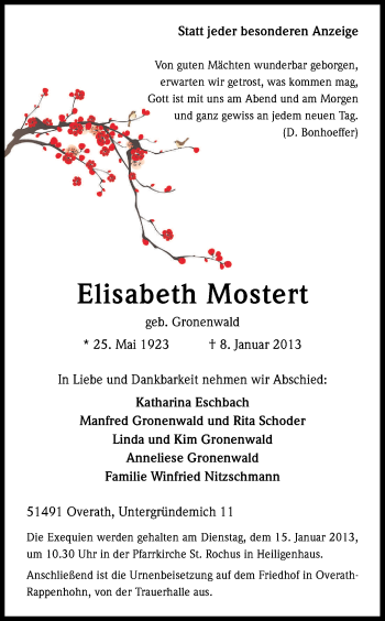 Anzeige von Elisabeth Mostert von Kölner Stadt-Anzeiger / Kölnische Rundschau / Express