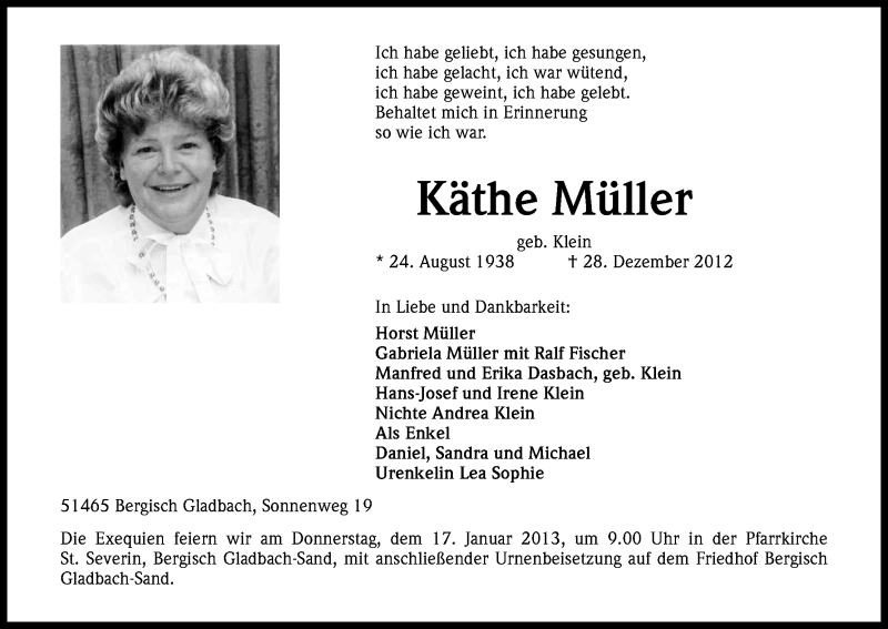  Traueranzeige für Käthe Müller vom 12.01.2013 aus Kölner Stadt-Anzeiger / Kölnische Rundschau / Express