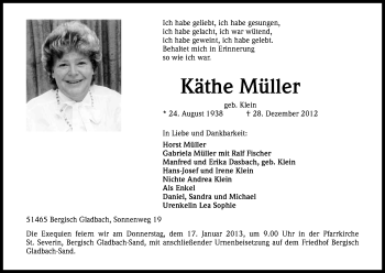 Anzeige von Käthe Müller von Kölner Stadt-Anzeiger / Kölnische Rundschau / Express