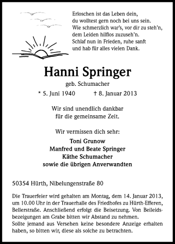 Anzeige von Hanni Springer von Kölner Stadt-Anzeiger / Kölnische Rundschau / Express