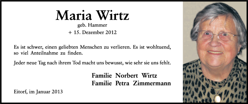 Traueranzeige für Maria Wirtz vom 12.01.2013 aus Kölner Stadt-Anzeiger / Kölnische Rundschau / Express