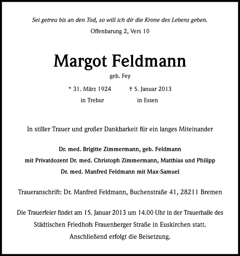 Traueranzeige für Margot Feldmann vom 10.01.2013 aus Kölner Stadt-Anzeiger / Kölnische Rundschau / Express