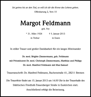Anzeige von Margot Feldmann von Kölner Stadt-Anzeiger / Kölnische Rundschau / Express