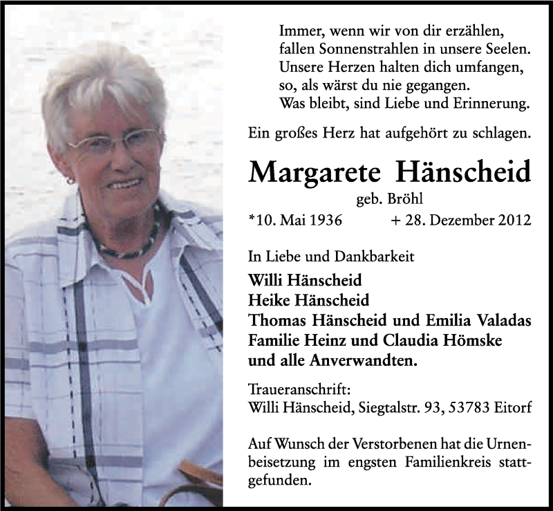  Traueranzeige für Margarete Hänscheid vom 12.01.2013 aus Kölner Stadt-Anzeiger / Kölnische Rundschau / Express