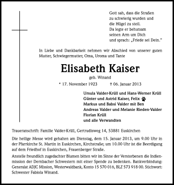 Anzeige von Elisabeth Kaiser von Kölner Stadt-Anzeiger / Kölnische Rundschau / Express