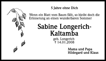 Anzeige von Sabine Longerich-Kaltamba von Kölner Stadt-Anzeiger / Kölnische Rundschau / Express