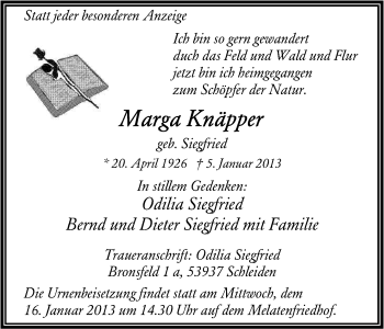 Anzeige von Marga Knäpper von Kölner Stadt-Anzeiger / Kölnische Rundschau / Express