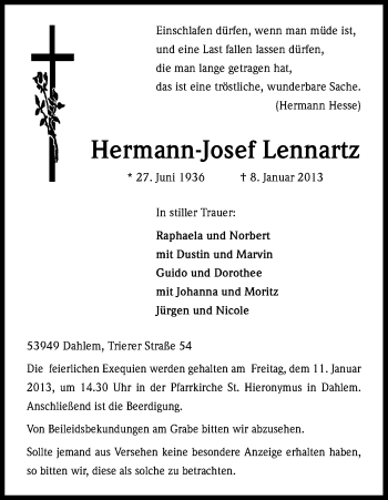 Anzeige von Hermann-Josef Lennartz von Kölner Stadt-Anzeiger / Kölnische Rundschau / Express