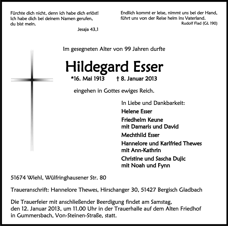 Traueranzeige für Hildegard Esser vom 10.01.2013 aus Kölner Stadt-Anzeiger / Kölnische Rundschau / Express