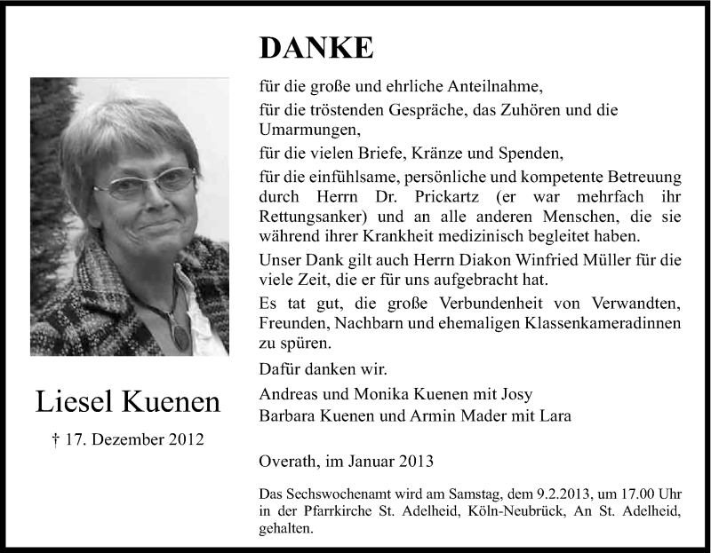 Traueranzeige für Liesel Kuenen vom 02.02.2013 aus Kölner Stadt-Anzeiger / Kölnische Rundschau / Express