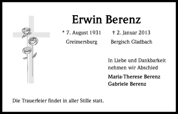 Anzeige von Erwin Berenz von Kölner Stadt-Anzeiger / Kölnische Rundschau / Express