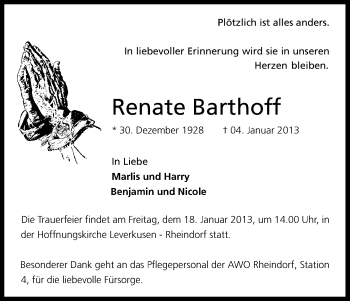 Anzeige von Renate Barthoff von Kölner Stadt-Anzeiger / Kölnische Rundschau / Express