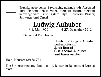 Anzeige von Ludwig Auhuber von Kölner Stadt-Anzeiger / Kölnische Rundschau / Express