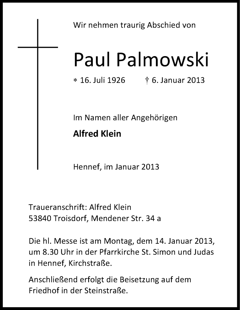  Traueranzeige für Paul Palmowski vom 10.01.2013 aus Kölner Stadt-Anzeiger / Kölnische Rundschau / Express
