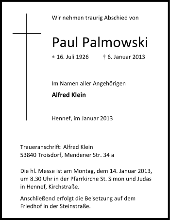 Anzeige von Paul Palmowski von Kölner Stadt-Anzeiger / Kölnische Rundschau / Express