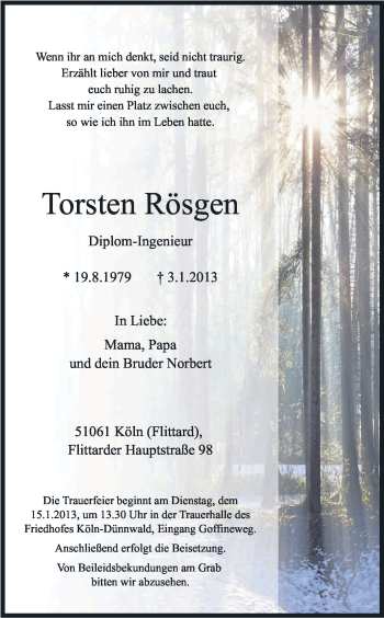 Anzeige von Torsten Rösgen von Kölner Stadt-Anzeiger / Kölnische Rundschau / Express