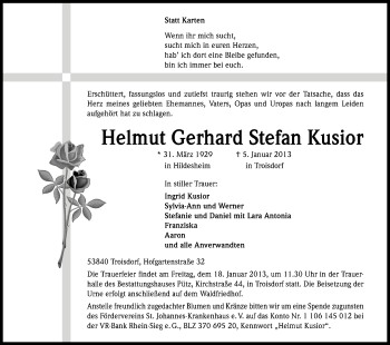 Anzeige von Helmut Gerhard Stefan Kusior von Kölner Stadt-Anzeiger / Kölnische Rundschau / Express