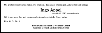 Anzeige von Ingo Appel von Kölner Stadt-Anzeiger / Kölnische Rundschau / Express