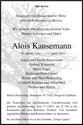 Anzeige von Alois Kausemann von Kölner Stadt-Anzeiger / Kölnische Rundschau / Express