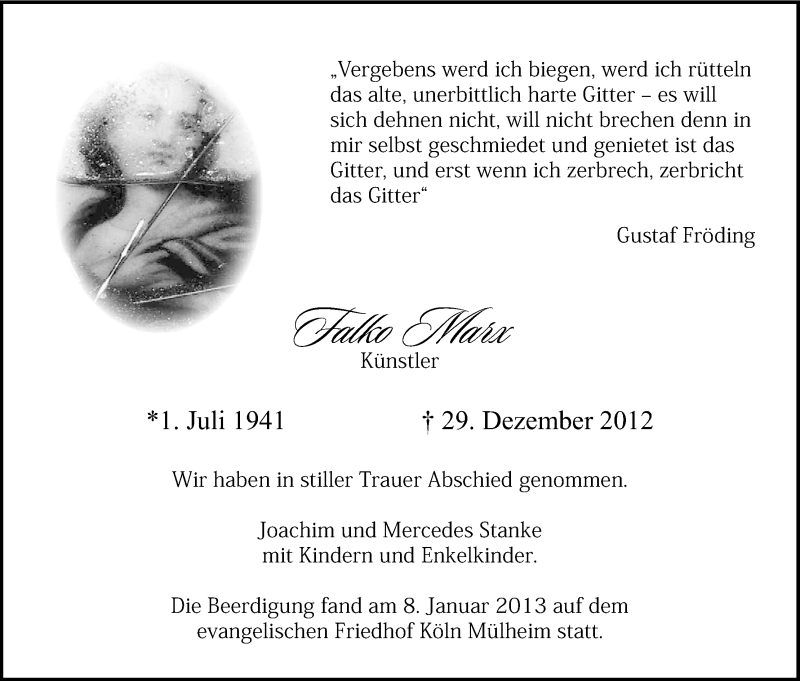  Traueranzeige für Falko Marx vom 12.01.2013 aus Kölner Stadt-Anzeiger / Kölnische Rundschau / Express