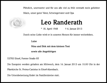 Anzeige von Leo Randerath von Kölner Stadt-Anzeiger / Kölnische Rundschau / Express