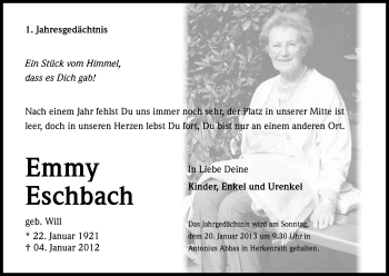 Anzeige von Emmy Eschbach von Kölner Stadt-Anzeiger / Kölnische Rundschau / Express