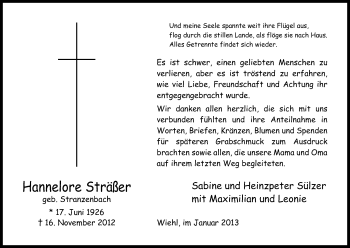Anzeige von Hannelore Sträßer von Kölner Stadt-Anzeiger / Kölnische Rundschau / Express