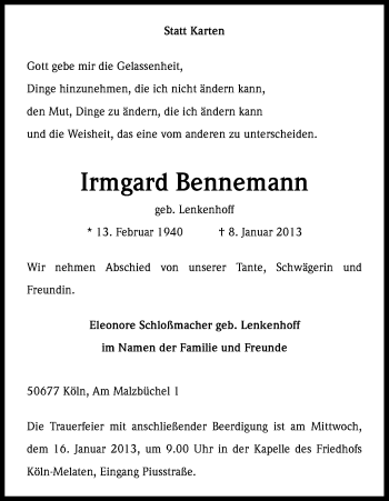 Anzeige von Irmgard Bennemann von Kölner Stadt-Anzeiger / Kölnische Rundschau / Express