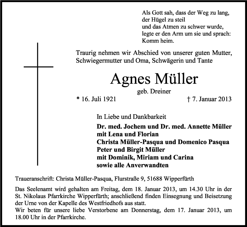  Traueranzeige für Agnes Müller vom 12.01.2013 aus Kölner Stadt-Anzeiger / Kölnische Rundschau / Express