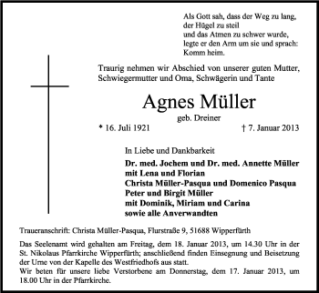Anzeige von Agnes Müller von Kölner Stadt-Anzeiger / Kölnische Rundschau / Express
