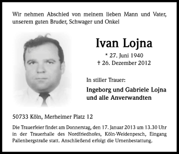 Anzeige von Ivan Lojna von Kölner Stadt-Anzeiger / Kölnische Rundschau / Express