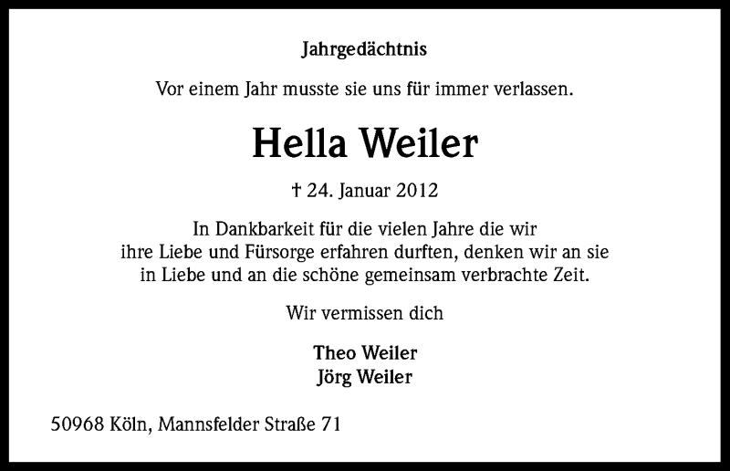 Traueranzeige für Hella Weiler vom 24.01.2013 aus Kölner Stadt-Anzeiger / Kölnische Rundschau / Express