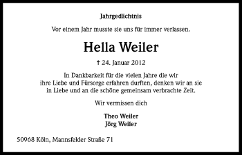 Anzeige von Hella Weiler von Kölner Stadt-Anzeiger / Kölnische Rundschau / Express