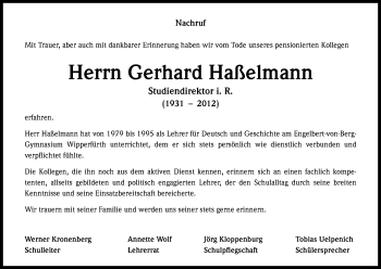 Anzeige von Gerhard Haßelmann von Kölner Stadt-Anzeiger / Kölnische Rundschau / Express