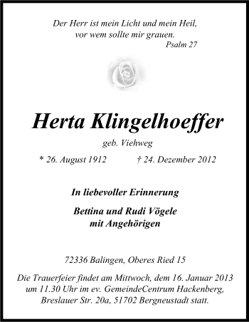 Anzeige von Herta Klingelhoeffer von Kölner Stadt-Anzeiger / Kölnische Rundschau / Express