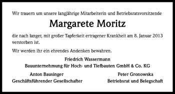 Anzeige von Margarete Moritz von Kölner Stadt-Anzeiger / Kölnische Rundschau / Express