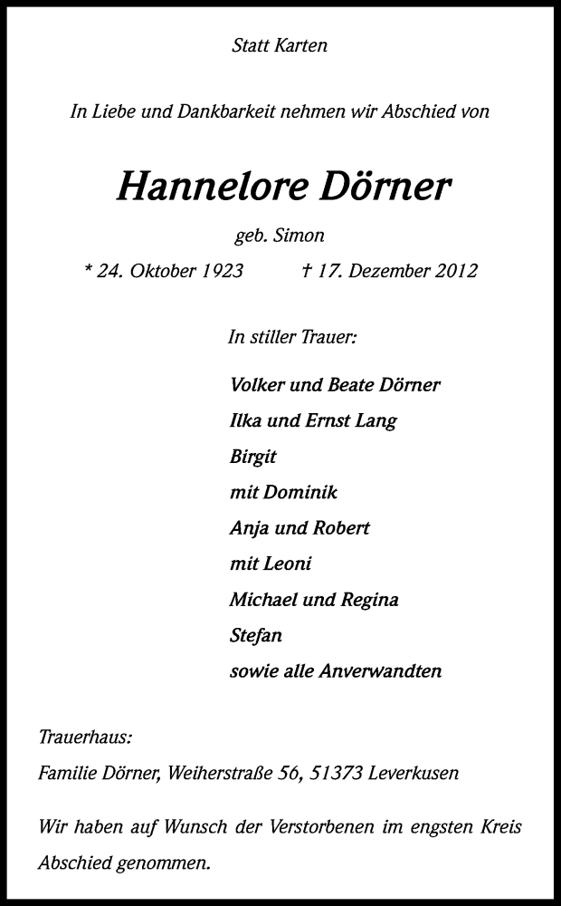  Traueranzeige für Hannelore Dörner vom 12.01.2013 aus Kölner Stadt-Anzeiger / Kölnische Rundschau / Express