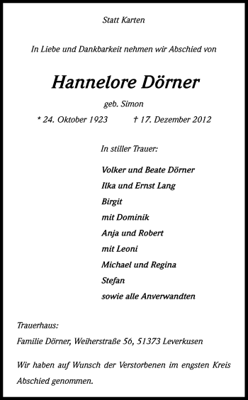 Anzeige von Hannelore Dörner von Kölner Stadt-Anzeiger / Kölnische Rundschau / Express