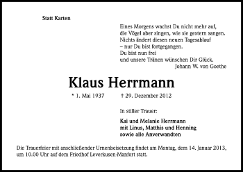 Anzeige von Klaus Herrmann von Kölner Stadt-Anzeiger / Kölnische Rundschau / Express