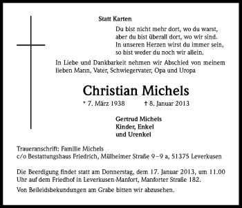 Anzeige von Christian Michels von Kölner Stadt-Anzeiger / Kölnische Rundschau / Express