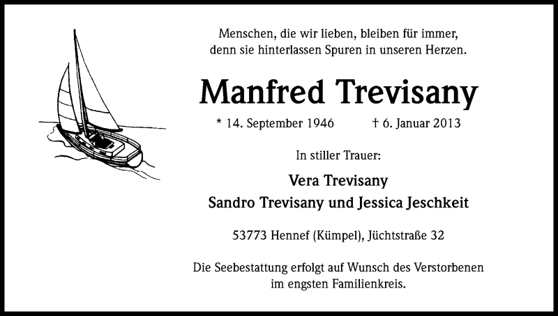  Traueranzeige für Manfred Trevisany vom 12.01.2013 aus Kölner Stadt-Anzeiger / Kölnische Rundschau / Express