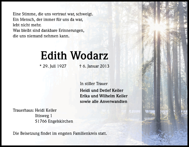  Traueranzeige für Edith Wodarz vom 12.01.2013 aus Kölner Stadt-Anzeiger / Kölnische Rundschau / Express