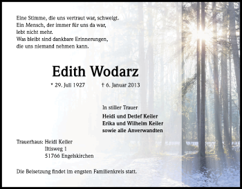 Anzeige von Edith Wodarz von Kölner Stadt-Anzeiger / Kölnische Rundschau / Express