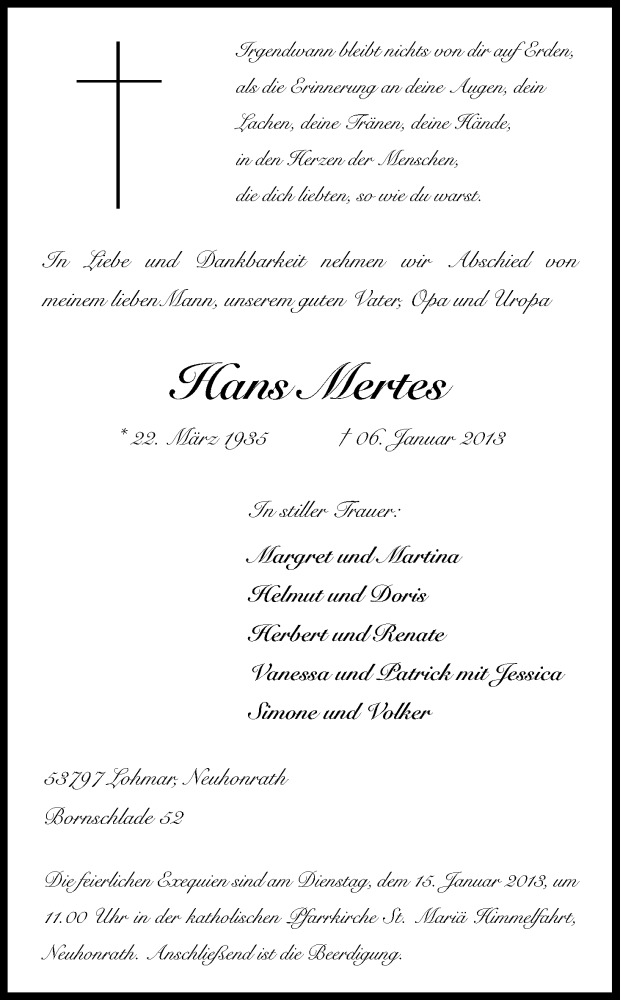  Traueranzeige für Hans Mertes vom 11.01.2013 aus Kölner Stadt-Anzeiger / Kölnische Rundschau / Express