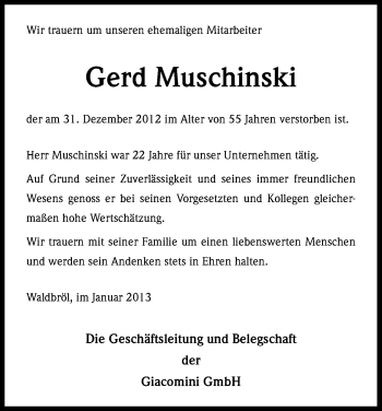 Anzeige von Gerd Muschinski von Kölner Stadt-Anzeiger / Kölnische Rundschau / Express