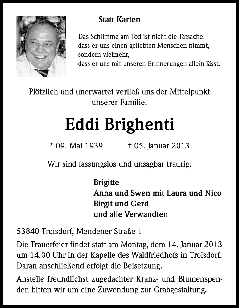  Traueranzeige für Eddi Brighenti vom 11.01.2013 aus Kölner Stadt-Anzeiger / Kölnische Rundschau / Express